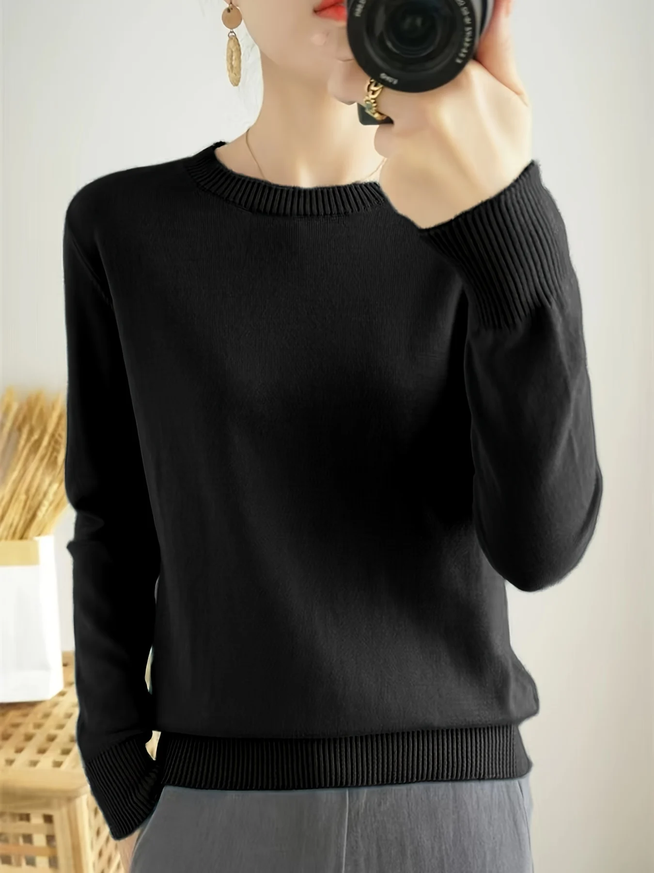 Women's Elegant Long Sleeve Ribbed Sweater - Round Neck Semi-Sheer Top with Moderate Stretch, All-Season Layering Essential, Solid Color Casual to Dressy Versatile Wardrobe Staple, Ladies Sweaters, Everyday Comfort Wear, Minimalistic Design, Quality Knitwear - 图片 4