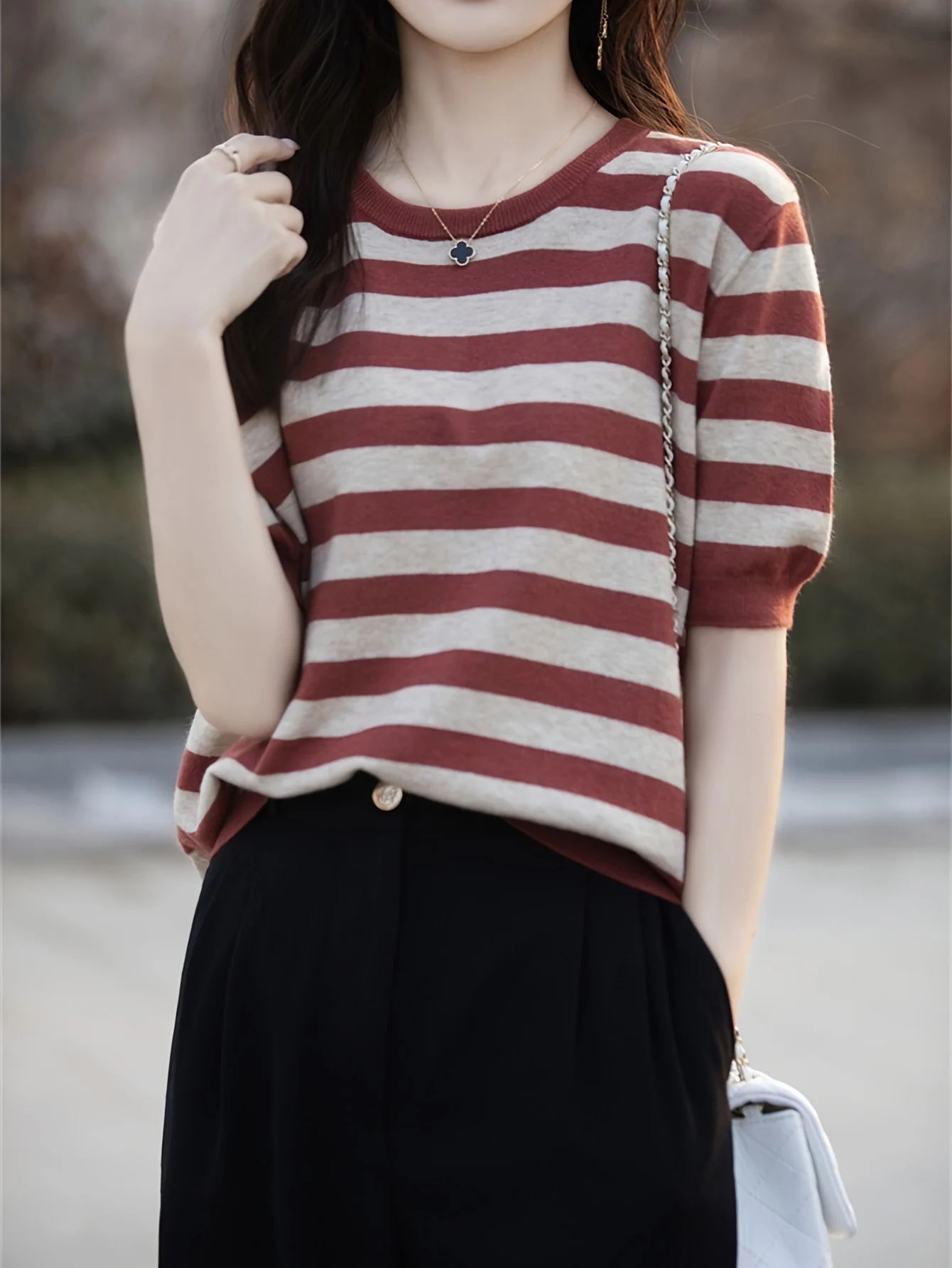 New Striped T-Shirt for Women, Loose Fit Crew Neck Pullover, Women's Short Sleeve T-Shirt, Straight Top for Women - 图片 13