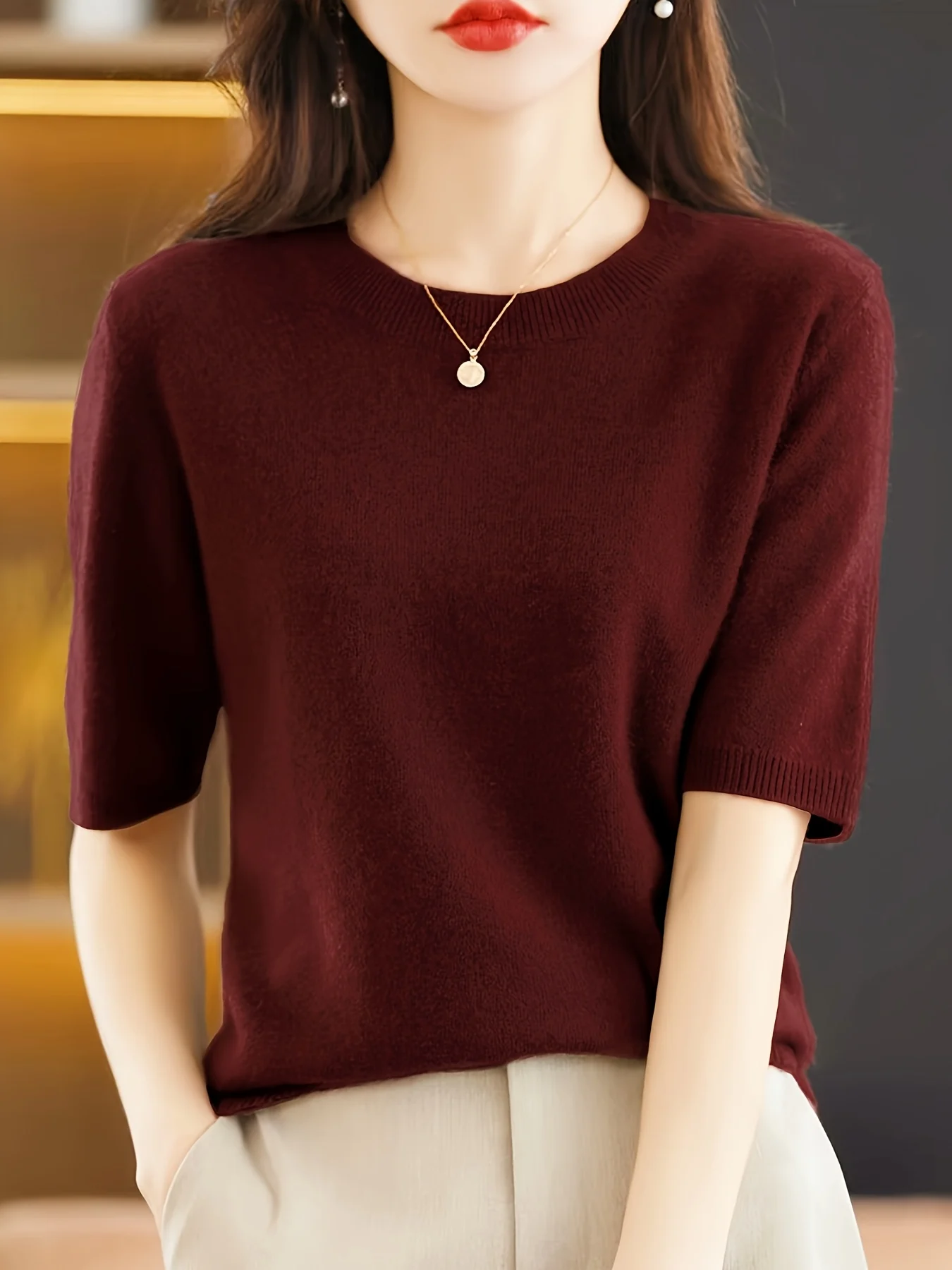 Self-developed Women's Short-sleeve Pullover Round-neck Half-sleeve Short Base Layer Shirt - 图片 4