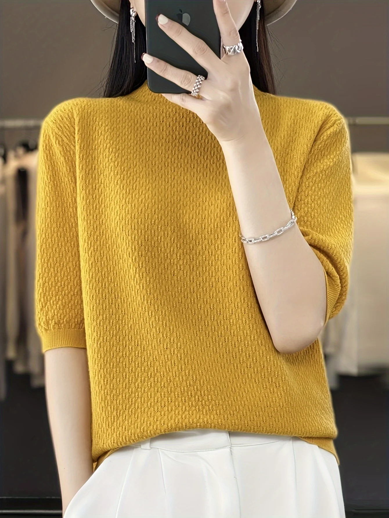 Chic Women's Mid-Sleeve Sweater - Casual High Neck, Solid Color Knit Top, Stretchy Viscose, Hand or Dry Clean Only