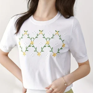 Embroidered Knit Sweater, Elegant Crew Neck Short Sleeve Sweater, Women's Clothing