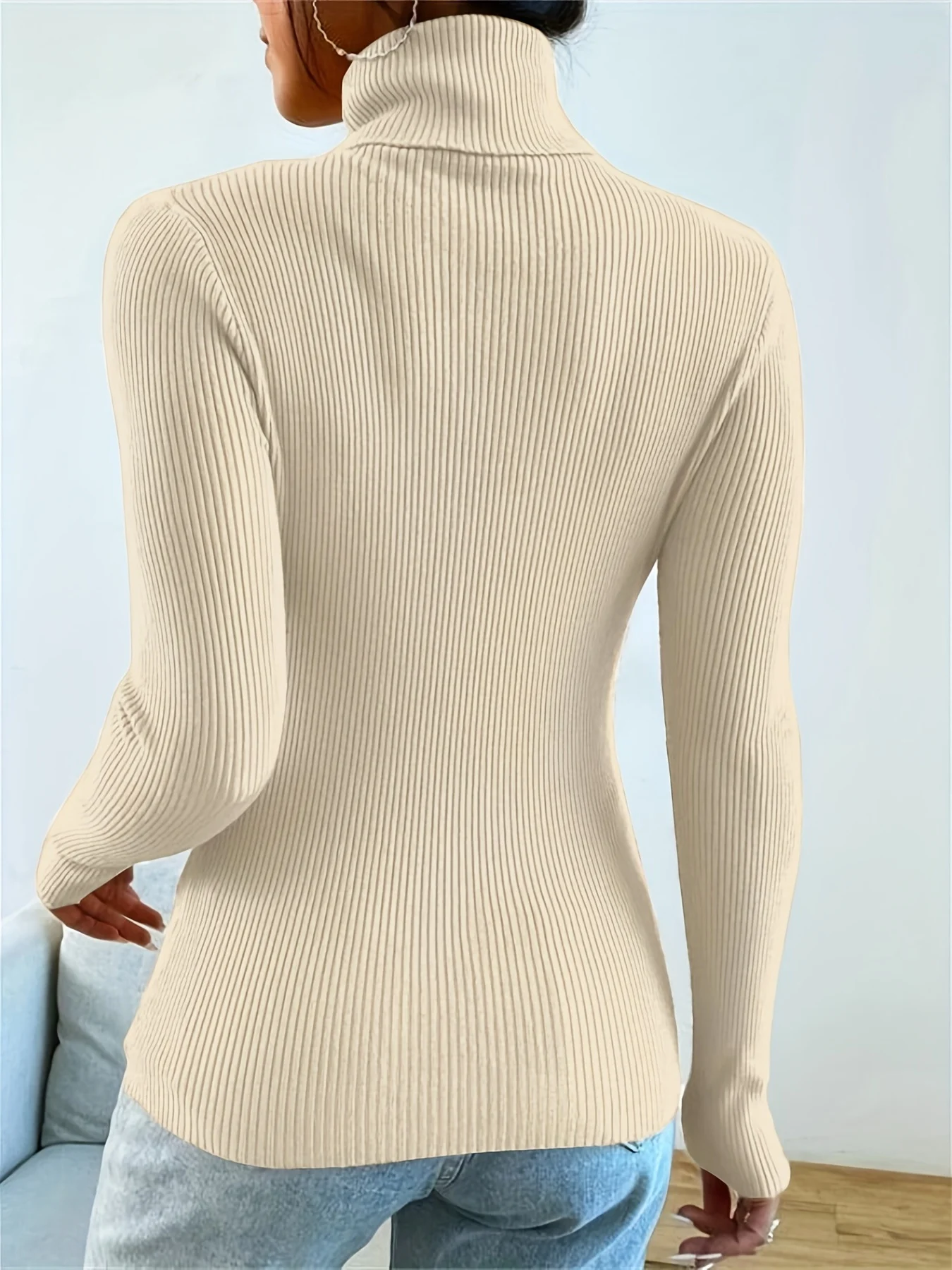 Solid Turtle Neck Sweater, Casual Long Sleeve Sweater For Fall & Winter, Women's Clothing - 图片 5