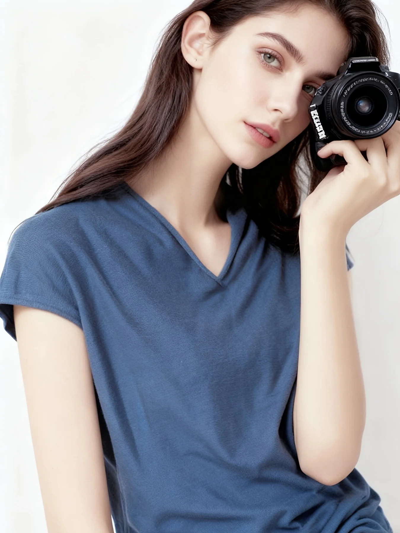 Fine New Solid Color T-Shirt Women'S V-Neck Short Sleeve Loose Casual Sweater Top - 图片 3