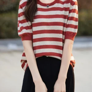 New Striped T-Shirt for Women, Loose Fit Crew Neck Pullover, Women's Short Sleeve T-Shirt, Straight Top for Women