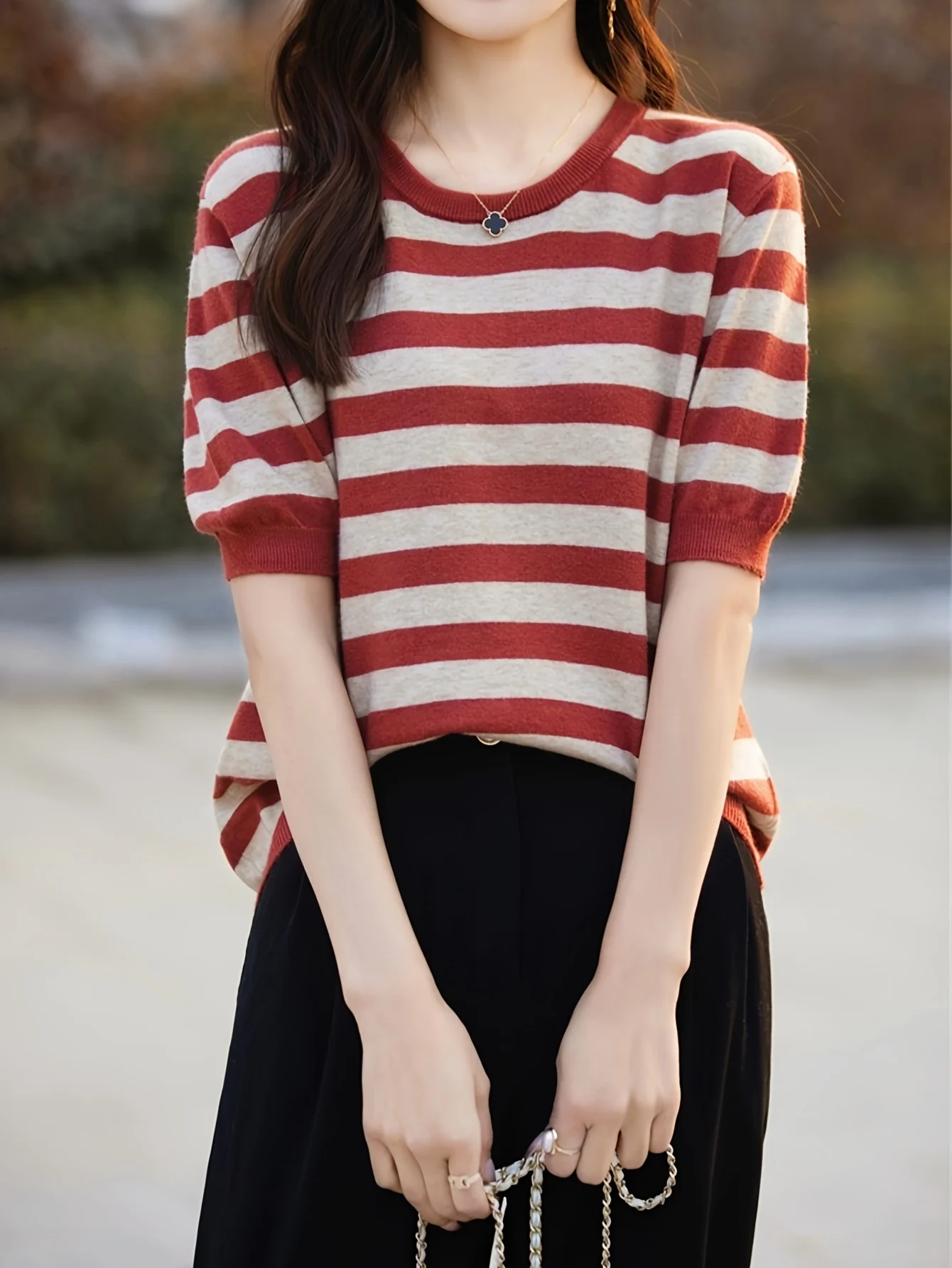 New Striped T-Shirt for Women, Loose Fit Crew Neck Pullover, Women's Short Sleeve T-Shirt, Straight Top for Women