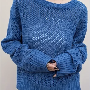 Solid Crew Neck Pointelle Knit Sweater, Casual Long Sleeve Drop Shoulder Sweater, Women's Clothing