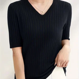 Solid Color Vertical Striped V-Neck Short-Sleeve Top
