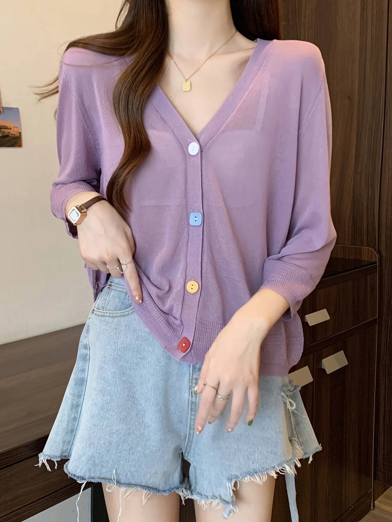 Fine Air-Conditioning Cover-Up Cardigan Women'S Thin Shirt Outer Loose Ice-Feeling V-Neck Top - 图片 8