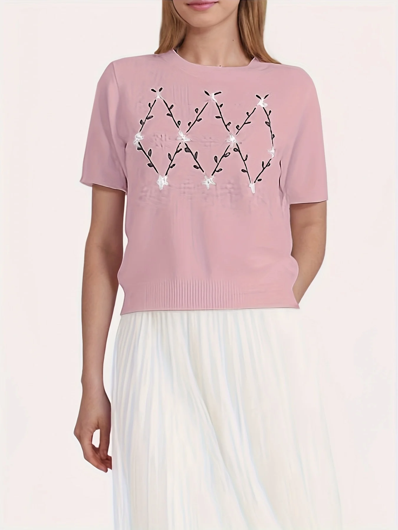 Embroidered Knit Sweater, Elegant Crew Neck Short Sleeve Sweater, Women's Clothing - 图片 6