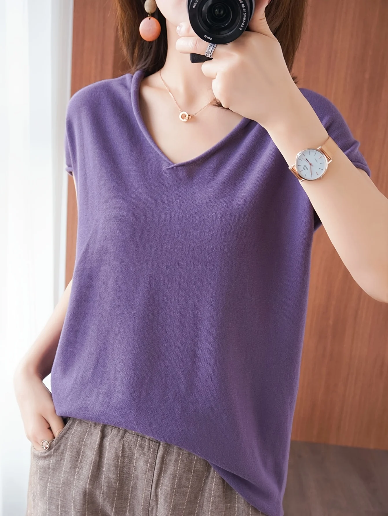 Fine New Solid Color T-Shirt Women'S V-Neck Short Sleeve Loose Casual Sweater Top - 图片 11