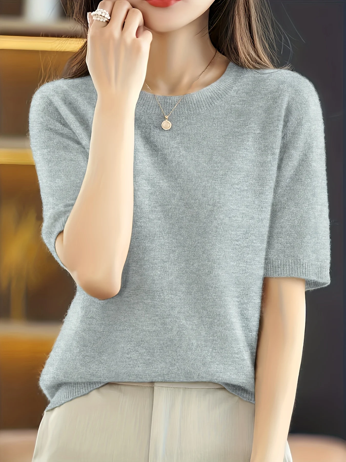 Self-developed Women's Short-sleeve Pullover Round-neck Half-sleeve Short Base Layer Shirt - 图片 5