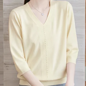 Women'S Three-Quarter Sleeve Top with Bead Embellishments, Perfect As a Base Layer for Mothers