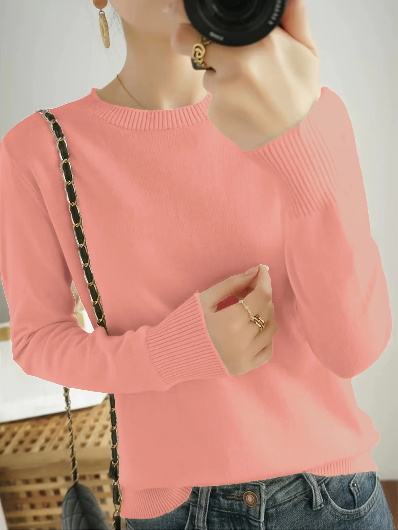 Women's Elegant Long Sleeve Ribbed Sweater - Round Neck Semi-Sheer Top with Moderate Stretch, All-Season Layering Essential, Solid Color Casual to Dressy Versatile Wardrobe Staple, Ladies Sweaters, Everyday Comfort Wear, Minimalistic Design, Quality Knitwear - 图片 10