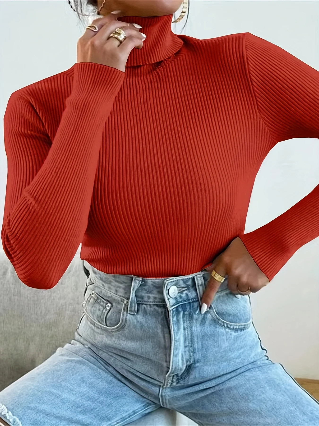 Solid Turtle Neck Sweater, Casual Long Sleeve Sweater For Fall & Winter, Women's Clothing