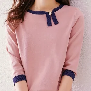 Women'S T-Shirt New Color-Blocking Design Asymmetrical Shirt 7/4 Sleeve Pullover Women'S Shirt