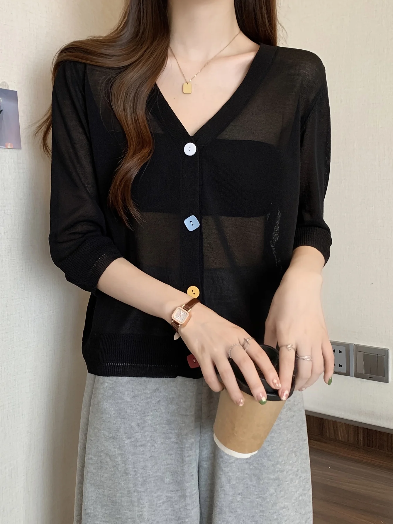 Fine Air-Conditioning Cover-Up Cardigan Women'S Thin Shirt Outer Loose Ice-Feeling V-Neck Top - 图片 3