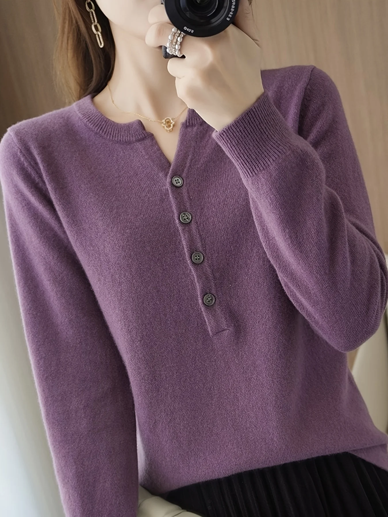 Solid Color Long Sleeve V-Neck T-Shirt for Women, New Fashion Simple Elegant Top - 图片 3