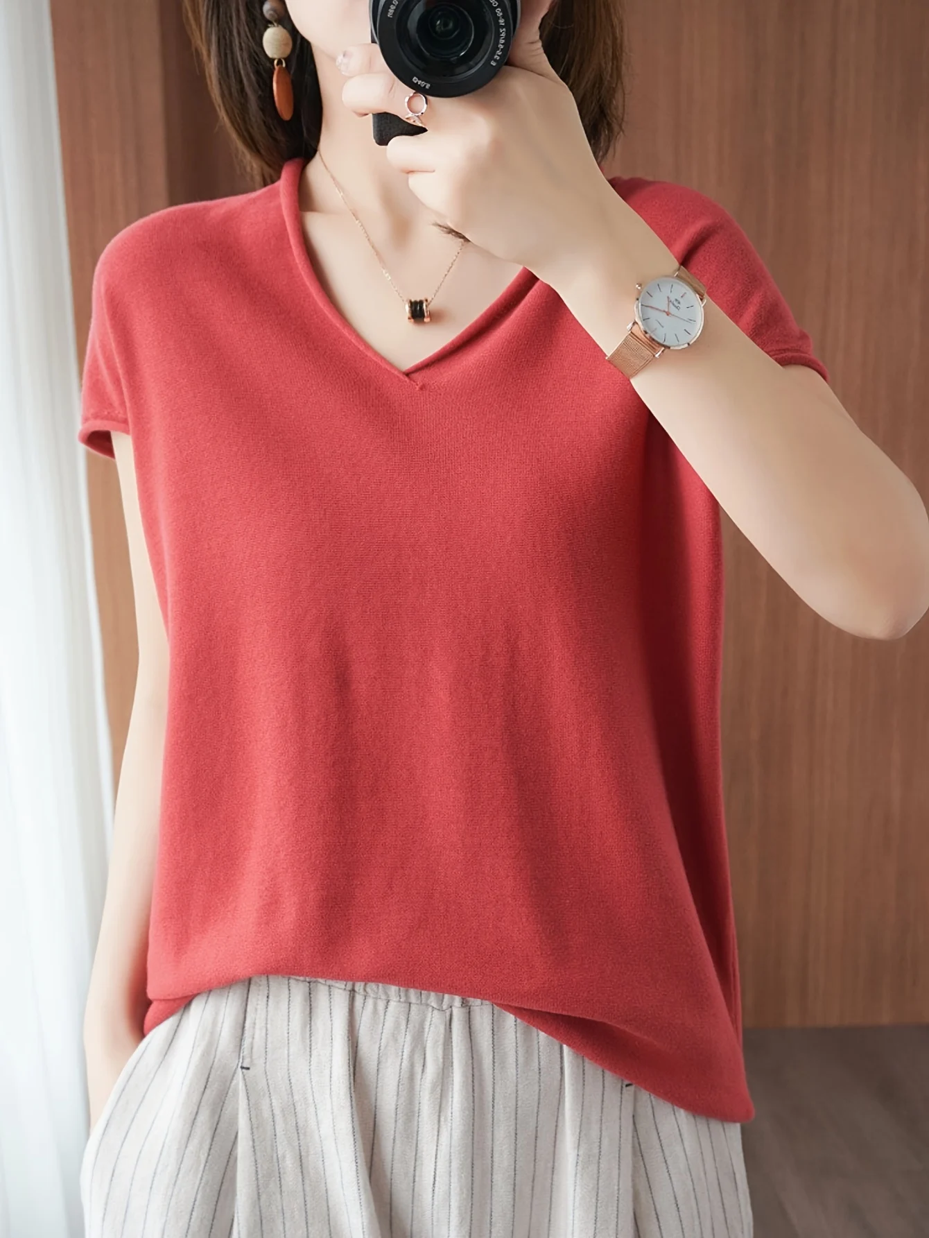 Fine New Solid Color T-Shirt Women'S V-Neck Short Sleeve Loose Casual Sweater Top - 图片 4