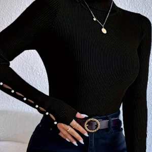 Chic Turtleneck Sweater for Women - Slim Fit, Long Sleeve with Button Detail, High Stretch Knit Top