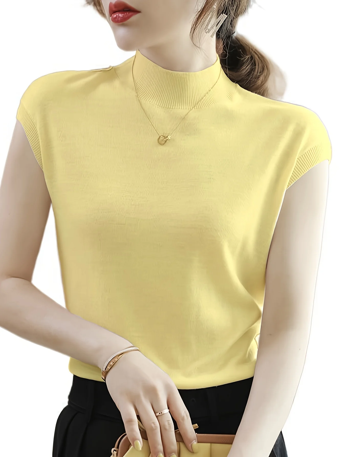 New Light Mature Style Temperament Top Ice Sweater Women'S Summer Thin Semi-High Neck Short Sleeve T-Shirt Fashion Top - 图片 19