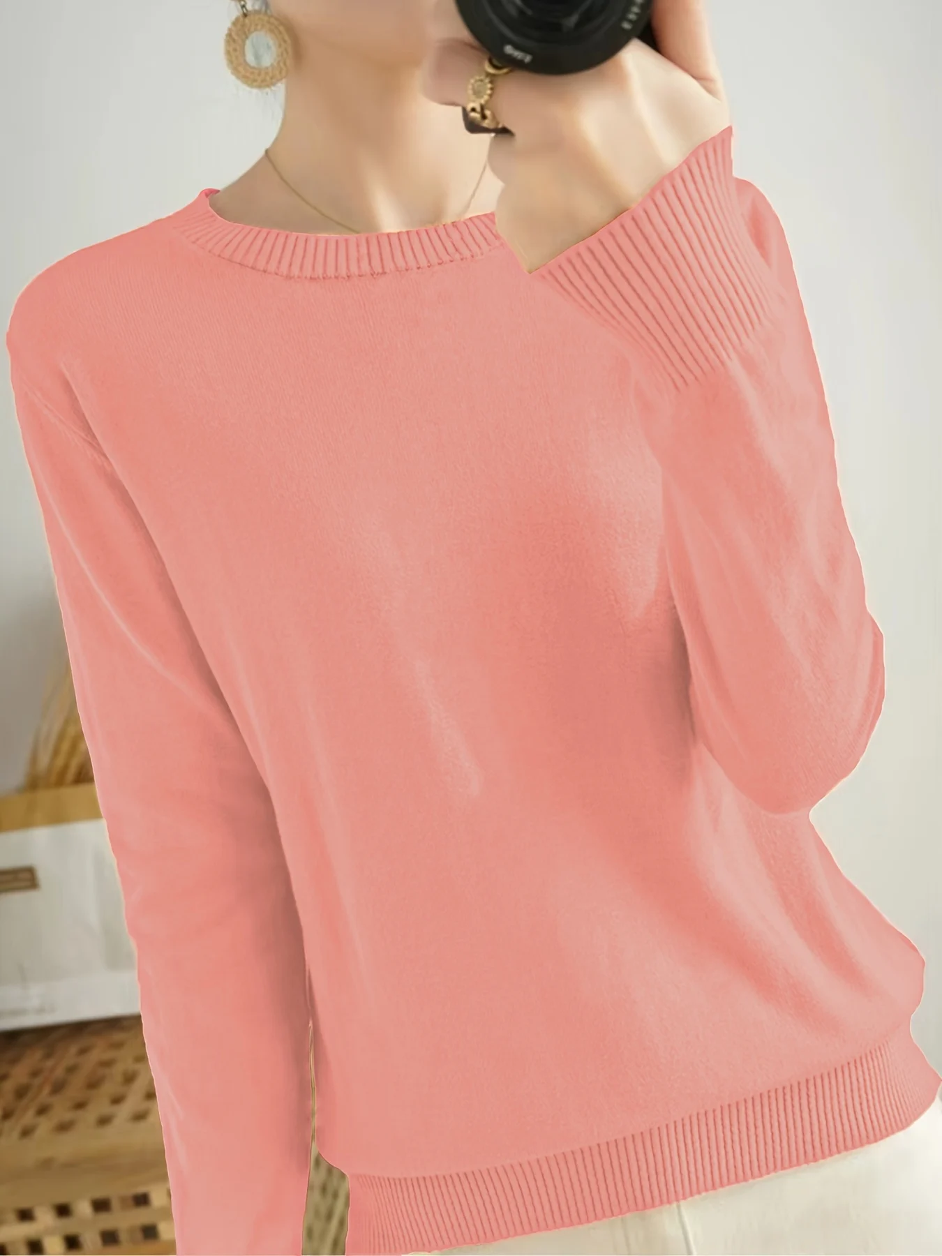 Women's Elegant Long Sleeve Ribbed Sweater - Round Neck Semi-Sheer Top with Moderate Stretch, All-Season Layering Essential, Solid Color Casual to Dressy Versatile Wardrobe Staple, Ladies Sweaters, Everyday Comfort Wear, Minimalistic Design, Quality Knitwear - 图片 14