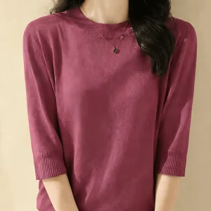 Women's Fine-Spun Semi-High Neck Mid-Sleeve Top, New Spring/Autumn Fashion, Elegant and Loose-Fitting Five-Part Sleeve Base Layer