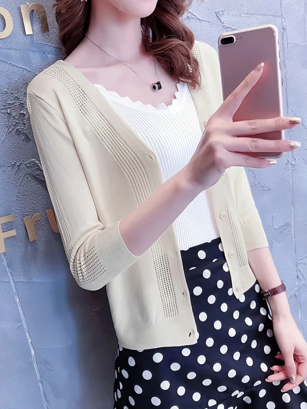 Women'S V-Neck Cardigan with Three-Quarter Sleeves, Thin Sweater - 图片 16