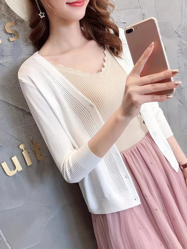 Women'S V-Neck Cardigan with Three-Quarter Sleeves, Thin Sweater - 图片 19