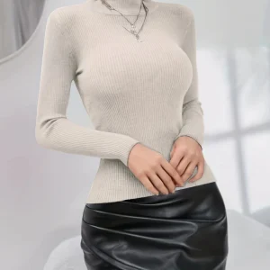 Solid Simple Knit Sweater, Elegant Mock Neck Long Sleeve Sweater, Women's Clothing