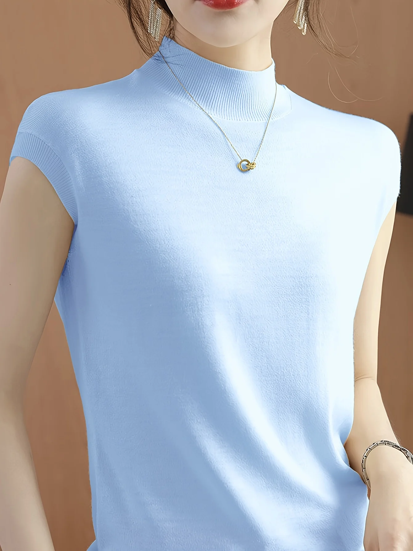 New Light Mature Style Temperament Top Ice Sweater Women'S Summer Thin Semi-High Neck Short Sleeve T-Shirt Fashion Top - 图片 18