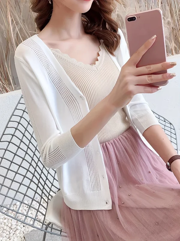 Women'S V-Neck Cardigan with Three-Quarter Sleeves, Thin Sweater - 图片 18