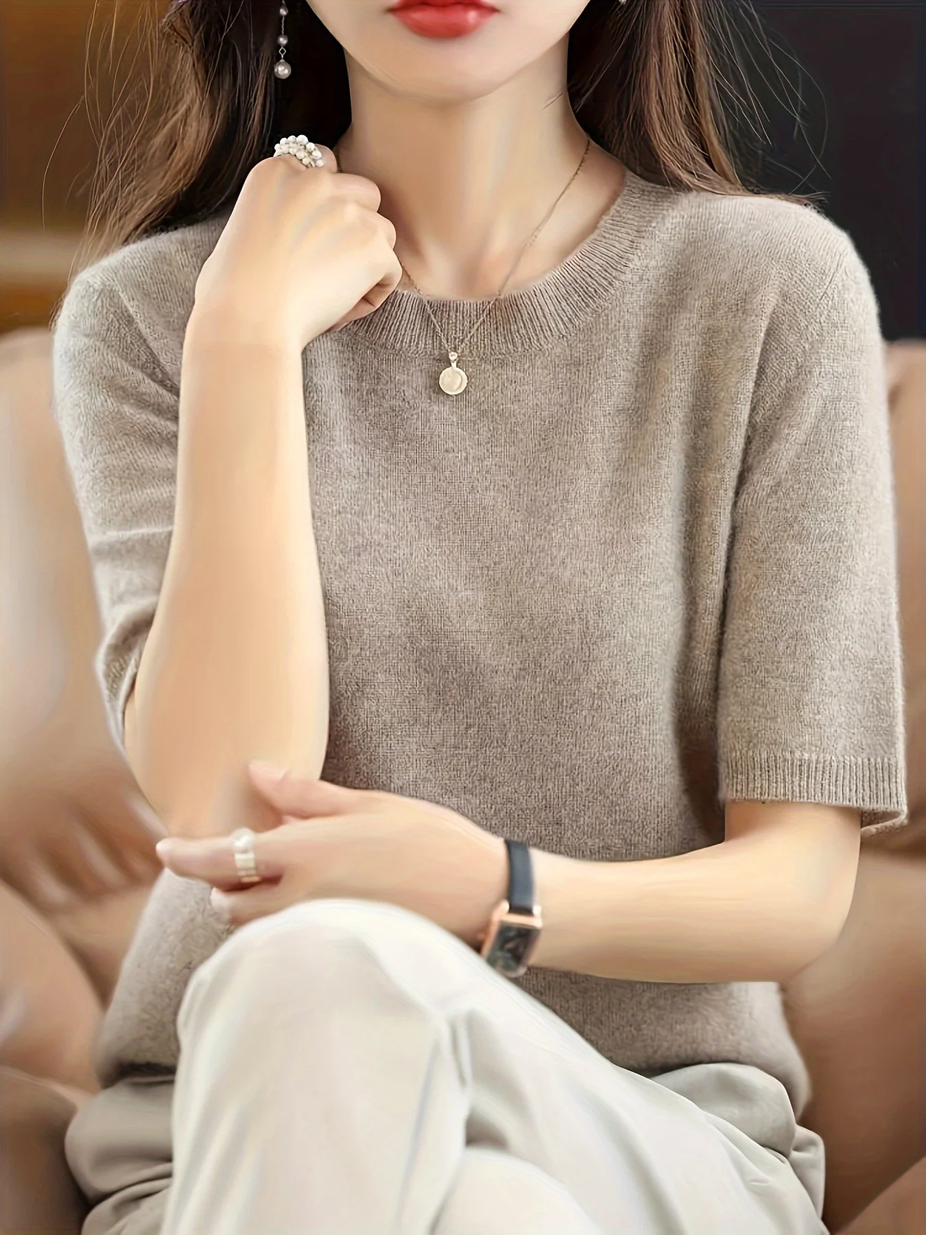 Self-developed Women's Short-sleeve Pullover Round-neck Half-sleeve Short Base Layer Shirt - 图片 11