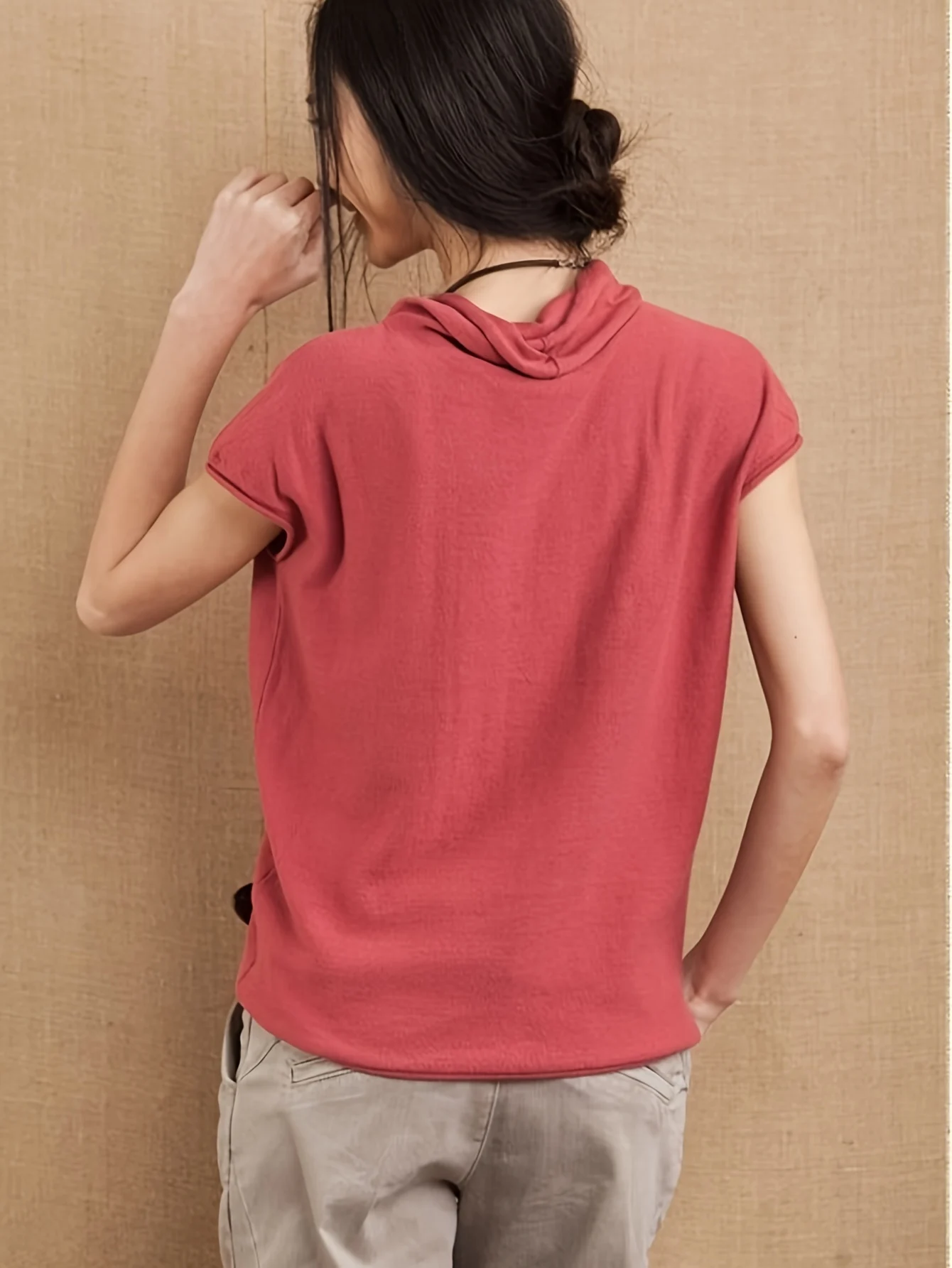 Fine New Solid Color T-Shirt Women'S V-Neck Short Sleeve Loose Casual Sweater Top - 图片 10
