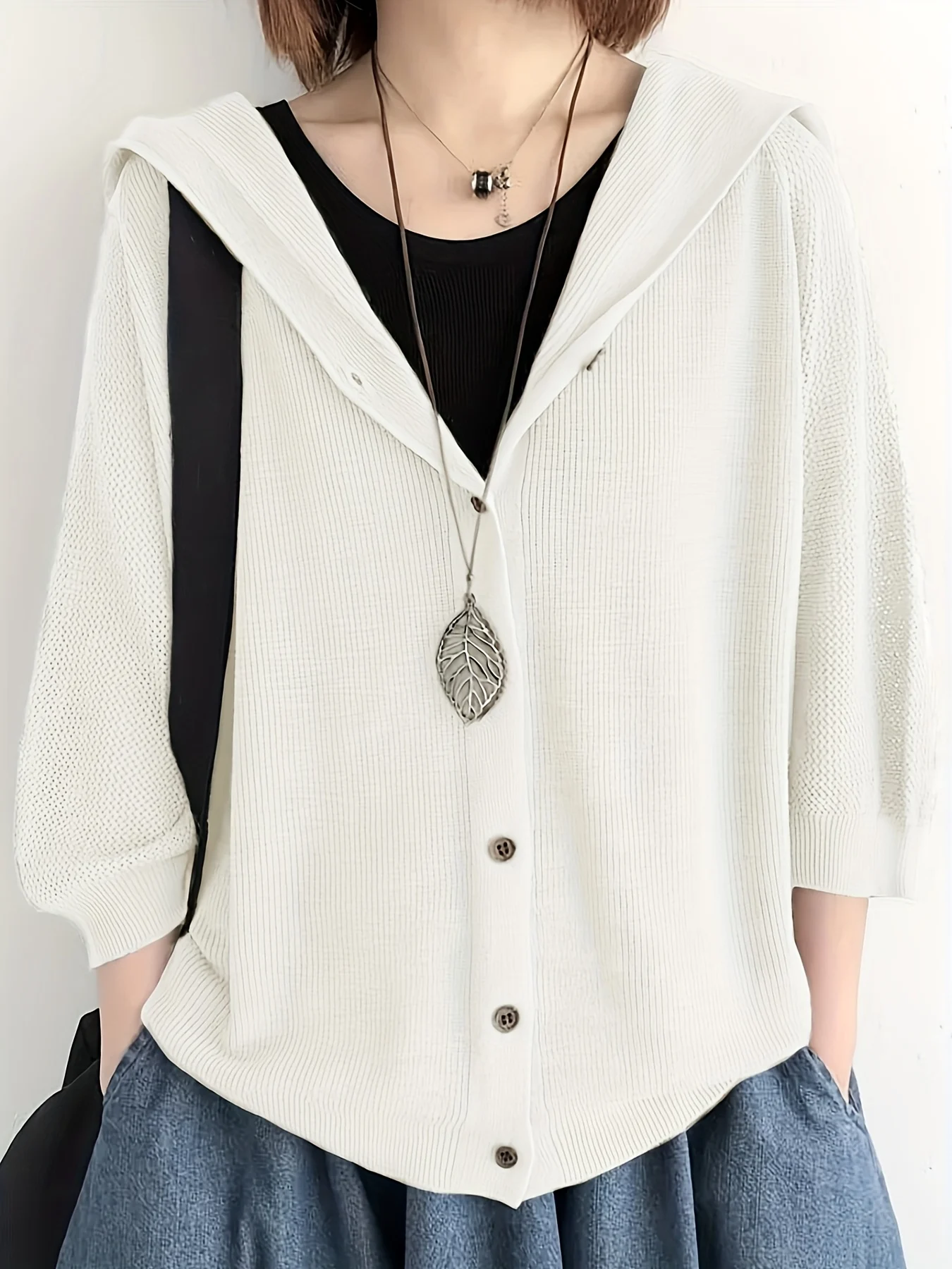 Women's New Style Fine-Spun Cardigan Jacket, Solid Color Loose Fit Hooded Outerwear, Thin Hollow-Out Three-Quarter Sleeve Top - 图片 2
