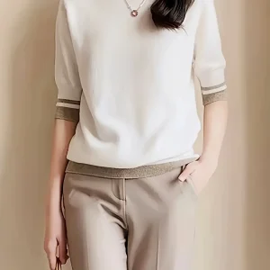 New Soft and Comfortable Casual Color-Block Short-Sleeve Sweater for Women, Pullover Top