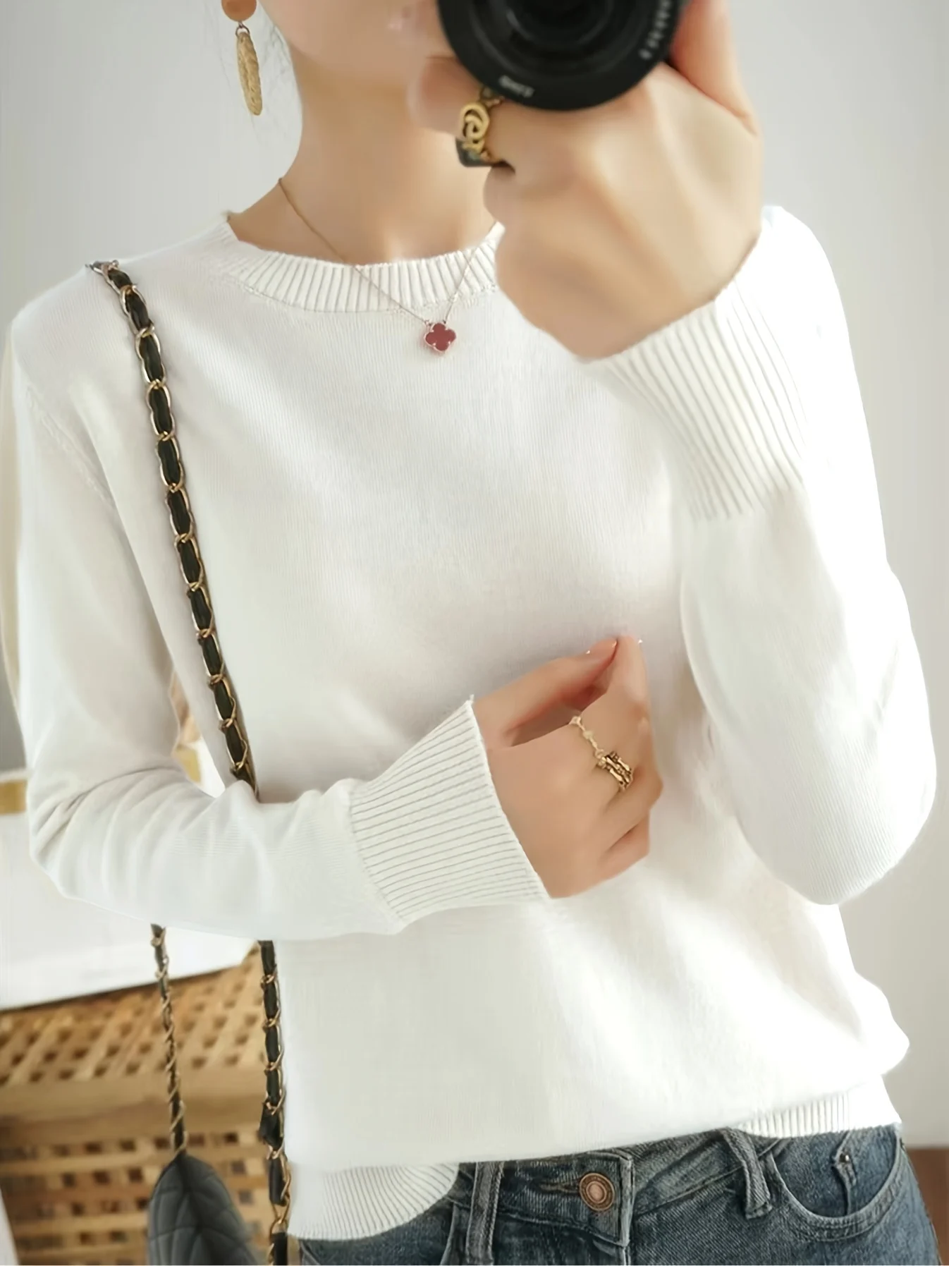 Women's Elegant Long Sleeve Ribbed Sweater - Round Neck Semi-Sheer Top with Moderate Stretch, All-Season Layering Essential, Solid Color Casual to Dressy Versatile Wardrobe Staple, Ladies Sweaters, Everyday Comfort Wear, Minimalistic Design, Quality Knitwear - 图片 9