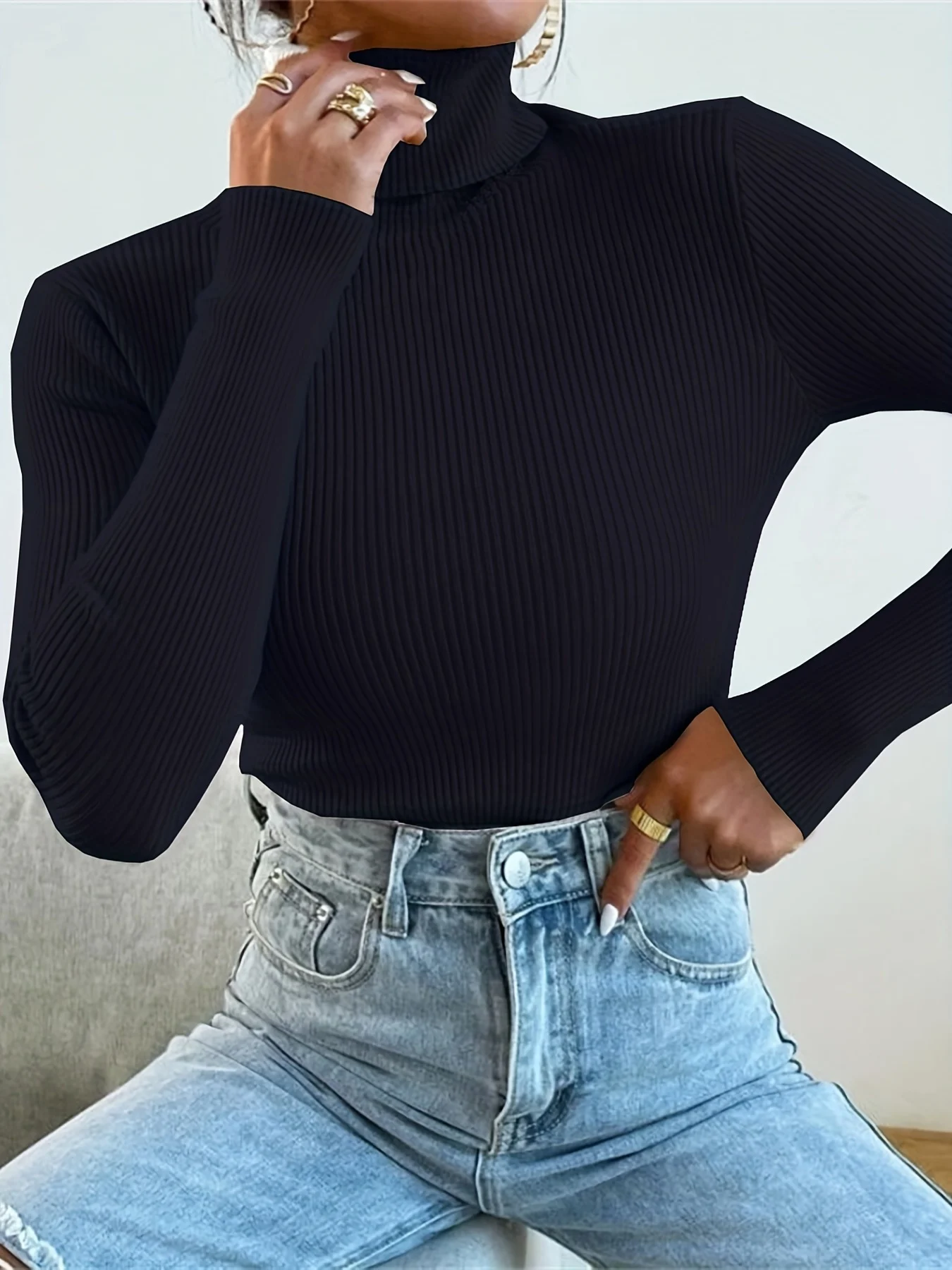 Solid Turtle Neck Sweater, Casual Long Sleeve Sweater For Fall & Winter, Women's Clothing - 图片 3