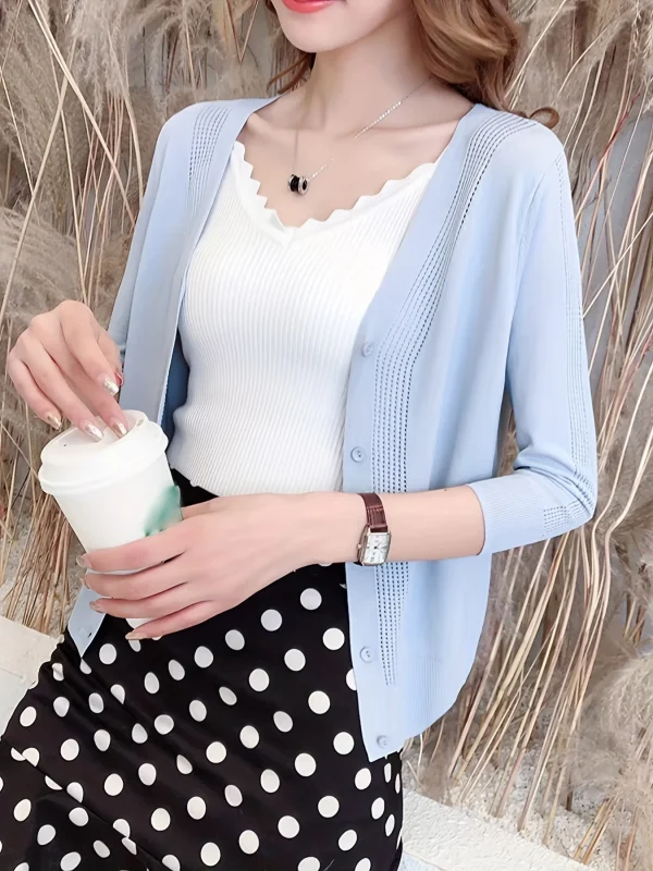 Women'S V-Neck Cardigan with Three-Quarter Sleeves, Thin Sweater - 图片 14