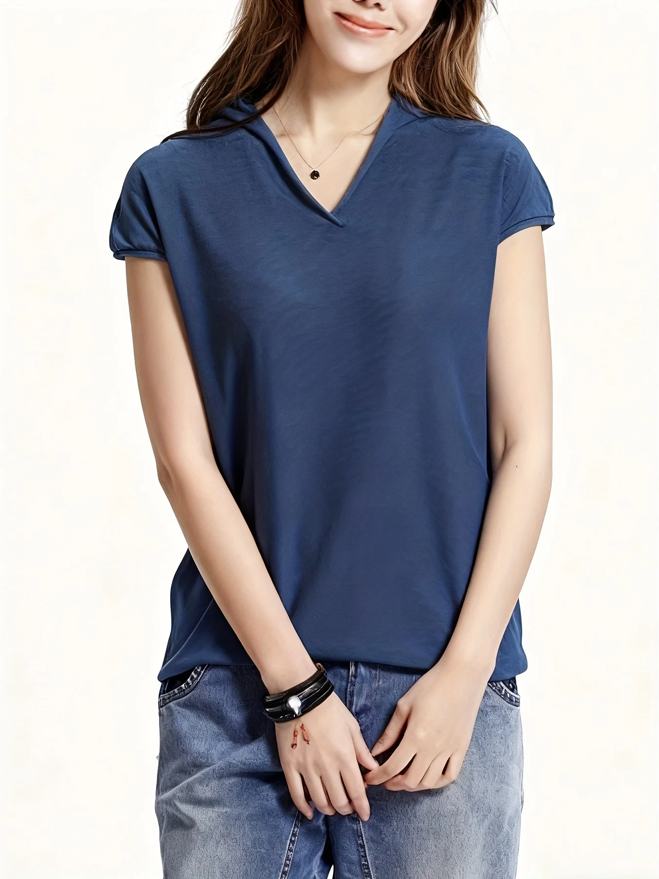 Fine New Solid Color T-Shirt Women'S V-Neck Short Sleeve Loose Casual Sweater Top - 图片 9
