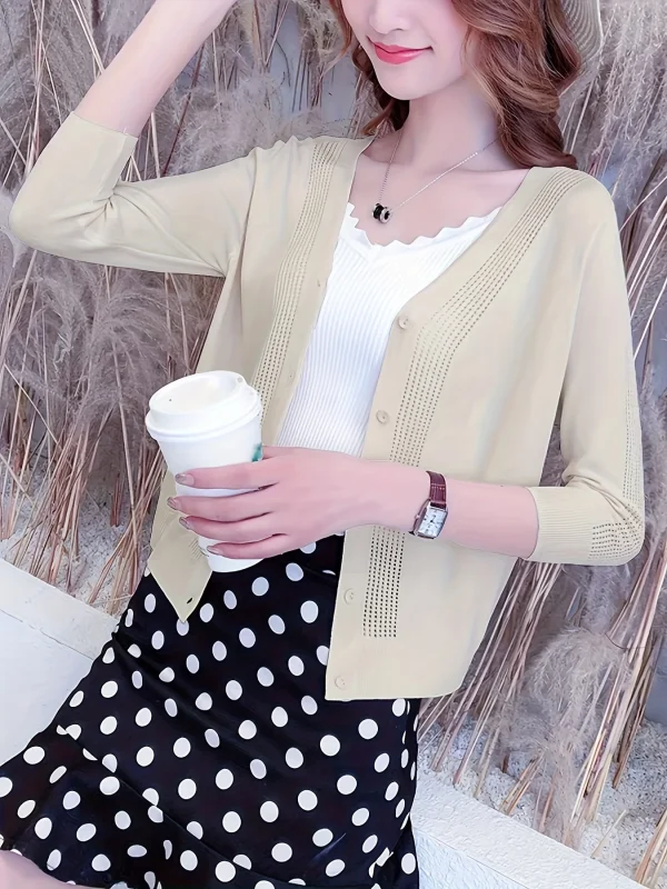Women'S V-Neck Cardigan with Three-Quarter Sleeves, Thin Sweater - 图片 17