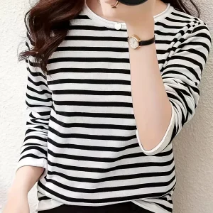 Striped Long Sleeve Women'S Round Neck Striped Patchwork Inner Top Base Layer