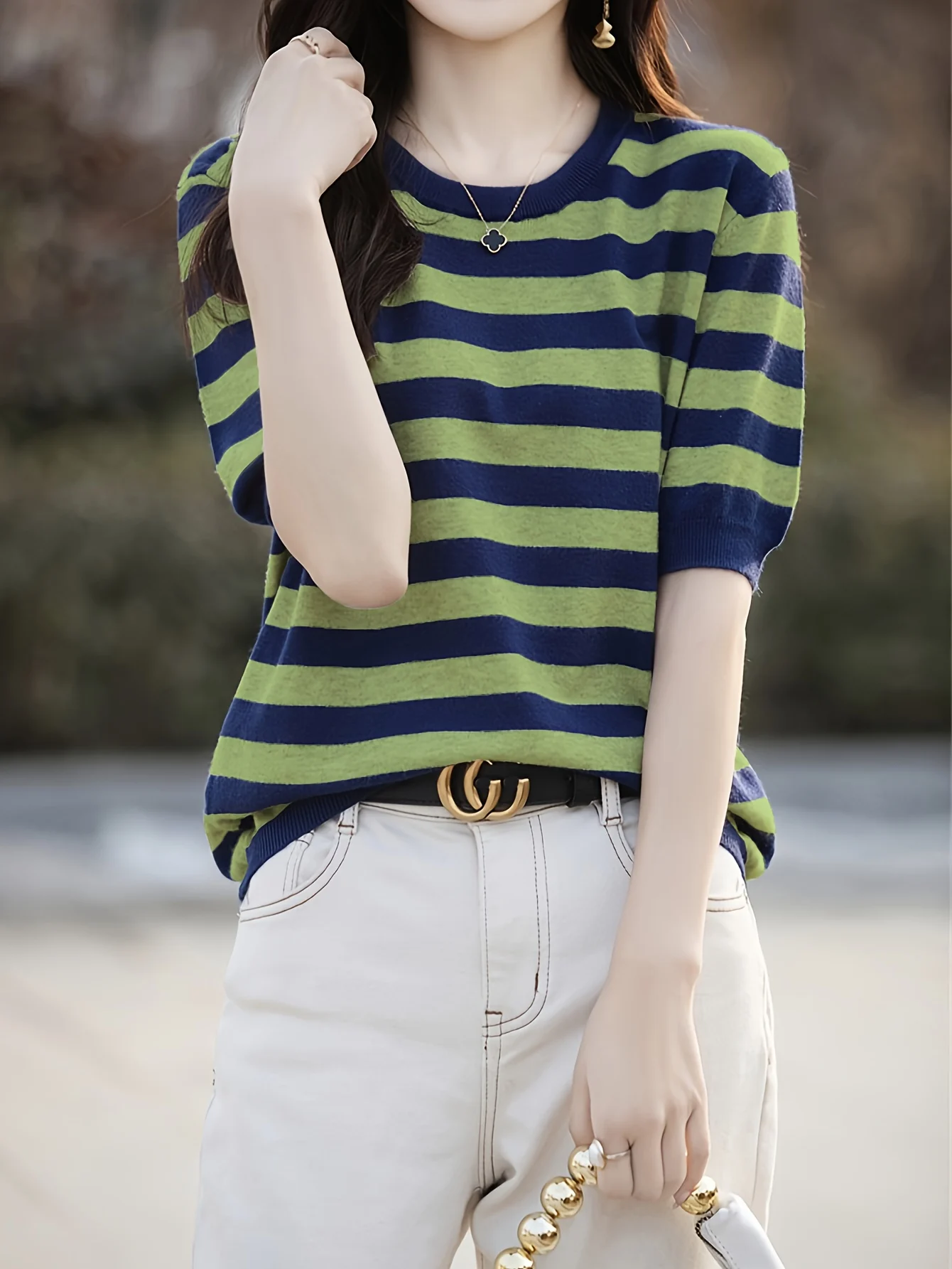 New Striped T-Shirt for Women, Loose Fit Crew Neck Pullover, Women's Short Sleeve T-Shirt, Straight Top for Women - 图片 20