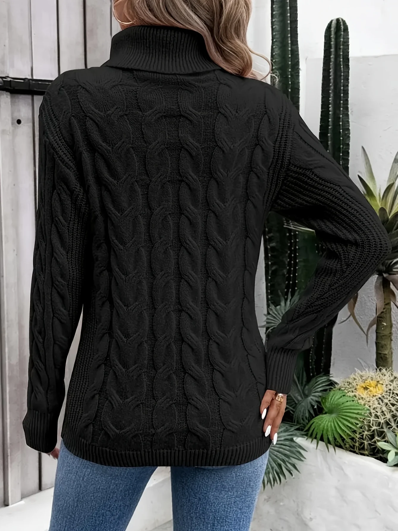 Chic Cable Knit Turtleneck Sweater for Women - Casual Long Sleeve, High Stretch, Solid Color Pullover - 图片 3