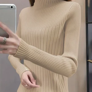 Solid Mock Neck Rib Knit Sweater, Casual Long Sleeve Slim Sweater, Women's Clothing