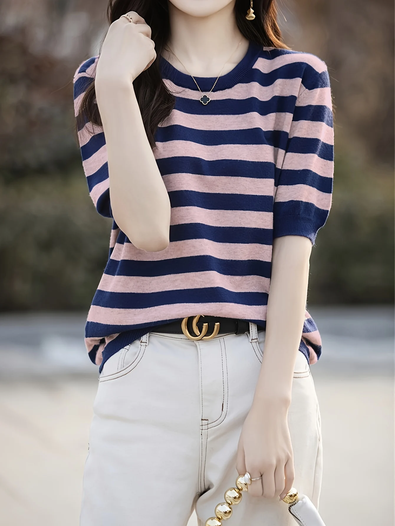 New Striped T-Shirt for Women, Loose Fit Crew Neck Pullover, Women's Short Sleeve T-Shirt, Straight Top for Women - 图片 18