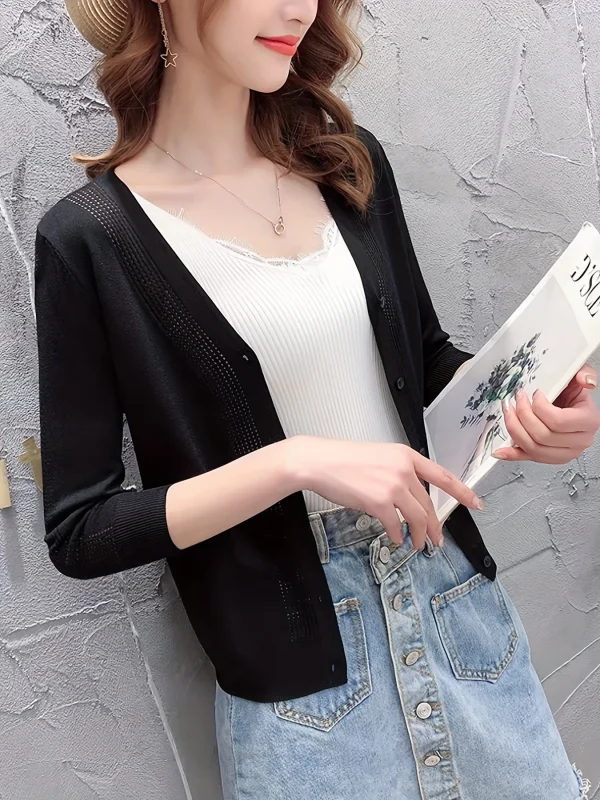Women'S V-Neck Cardigan with Three-Quarter Sleeves, Thin Sweater - 图片 5