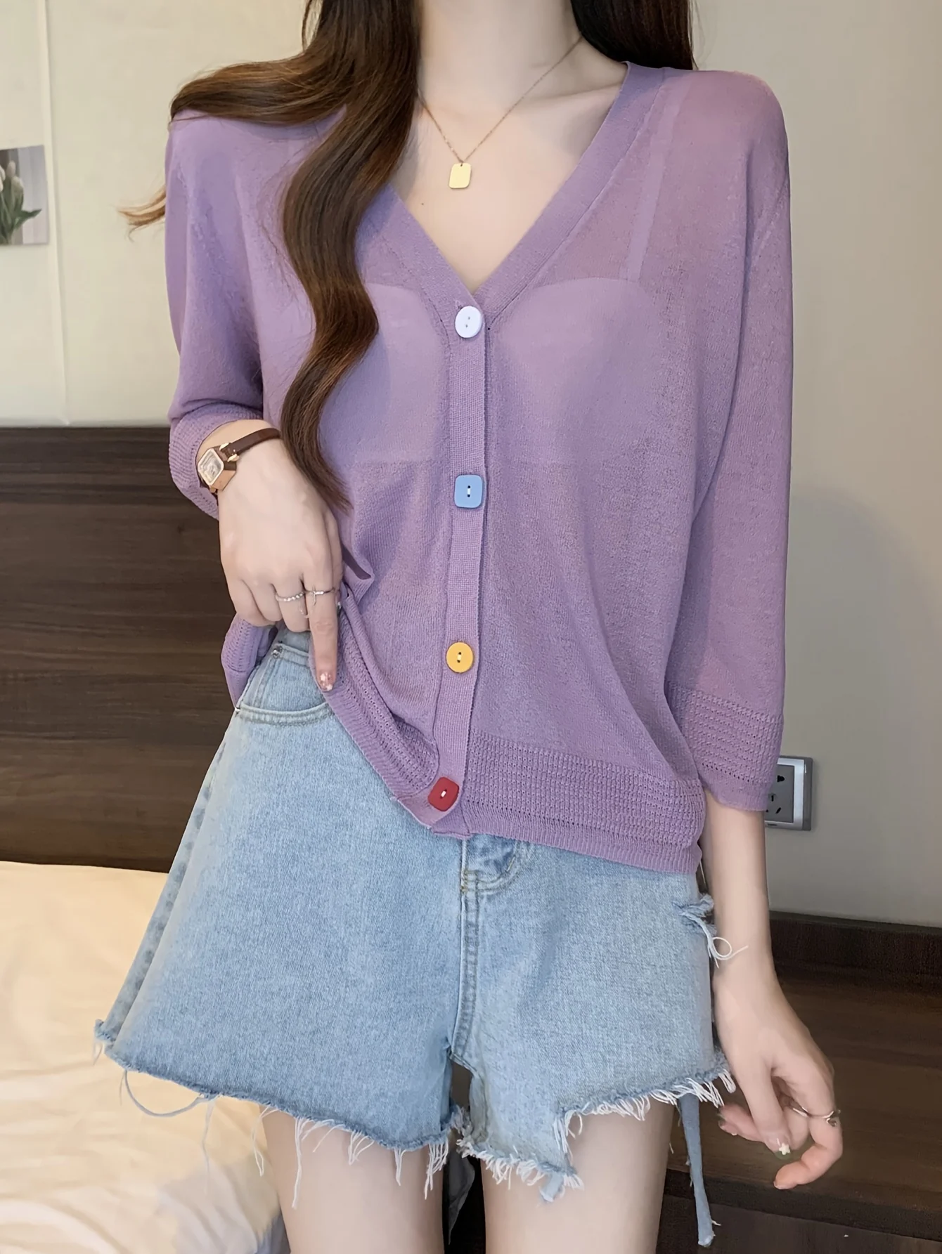 Fine Air-Conditioning Cover-Up Cardigan Women'S Thin Shirt Outer Loose Ice-Feeling V-Neck Top - 图片 2