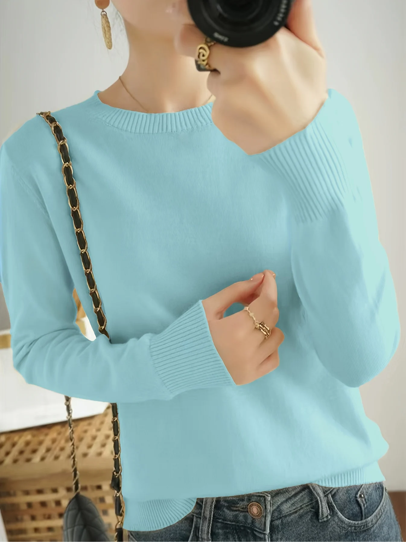 Women's Elegant Long Sleeve Ribbed Sweater - Round Neck Semi-Sheer Top with Moderate Stretch, All-Season Layering Essential, Solid Color Casual to Dressy Versatile Wardrobe Staple, Ladies Sweaters, Everyday Comfort Wear, Minimalistic Design, Quality Knitwear - 图片 13