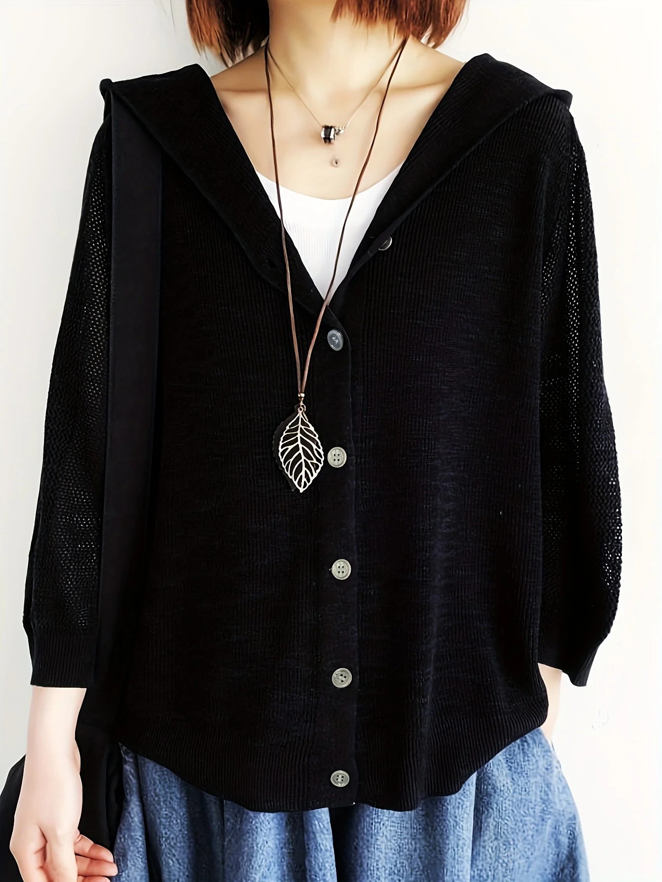 Women's New Style Fine-Spun Cardigan Jacket, Solid Color Loose Fit Hooded Outerwear, Thin Hollow-Out Three-Quarter Sleeve Top - 图片 7