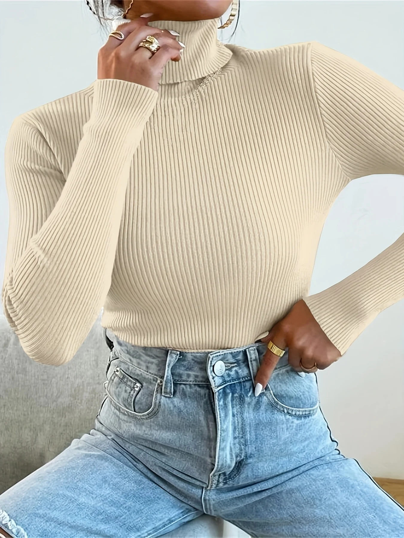 Solid Turtle Neck Sweater, Casual Long Sleeve Sweater For Fall & Winter, Women's Clothing - 图片 2